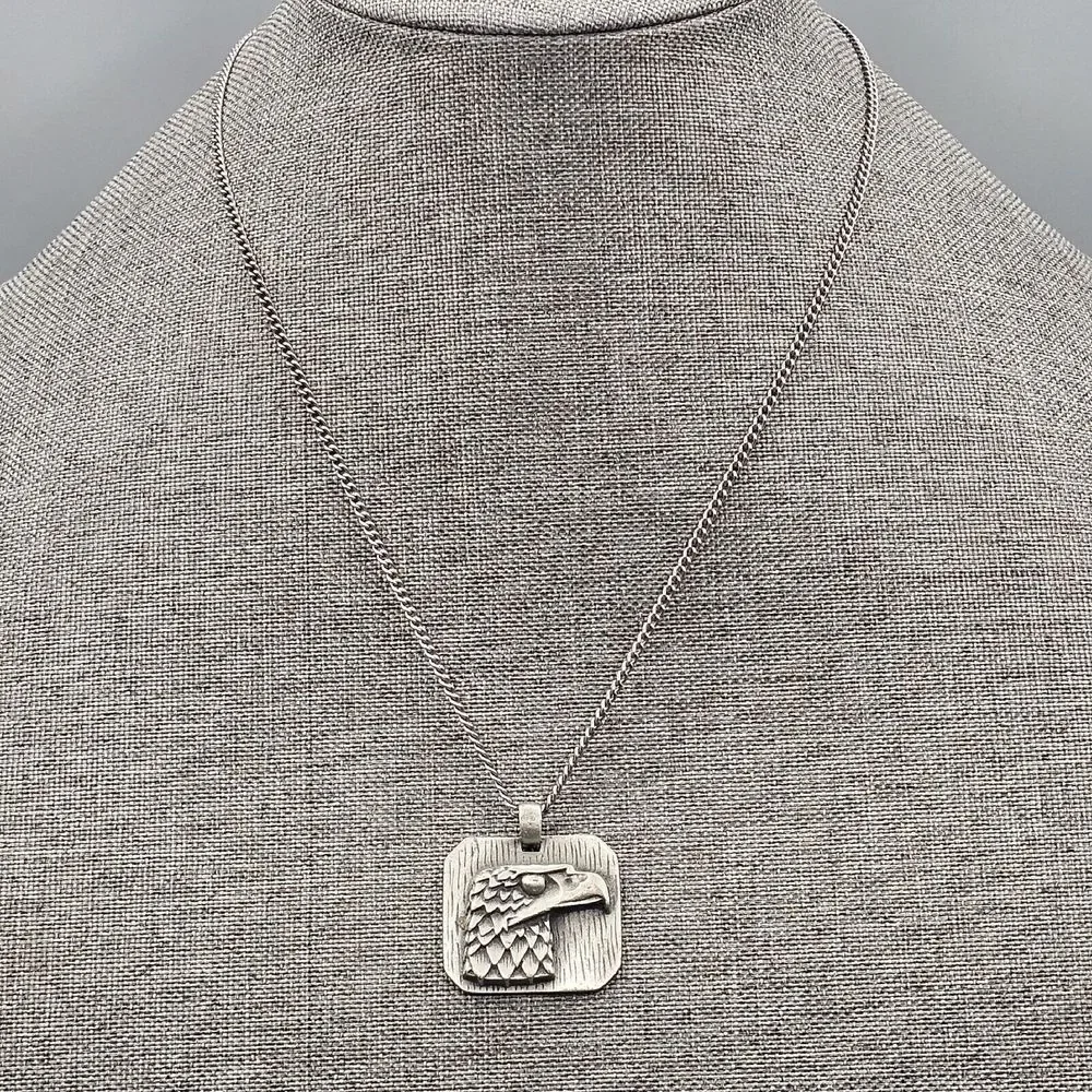 Vintage American Eagle Pendant Necklace Pewter 3D Tag USA Patriotic Americana